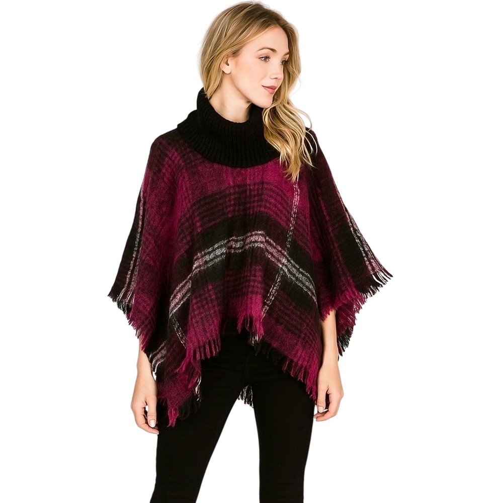 Max Edition Burgundy Black White Knit Poncho Women Sz S/M Boho Cozy Sweater